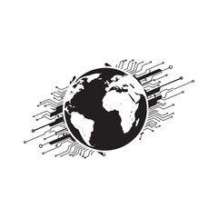 Cyberpunk Style Global Travel Icon Black and White Vector Illust