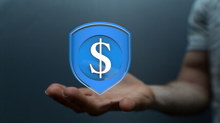 Hand holding a digital shield with a dollar sign, symbolizing financial security and protection.
