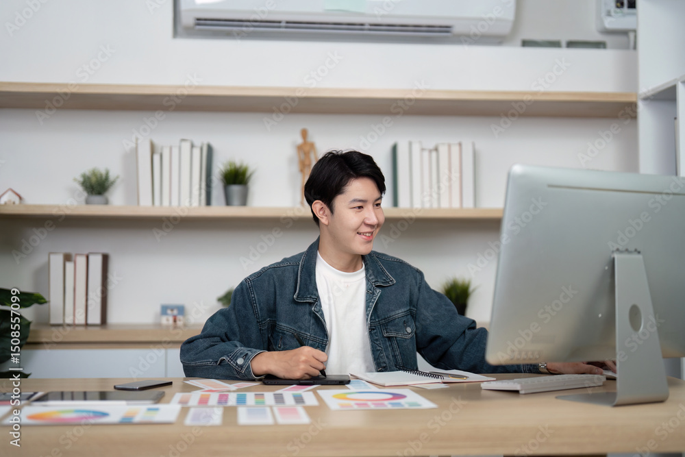 Poster design workspace: young professional working on computer