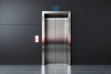 Modern elevator with closed metallic doors in a dark building interior.