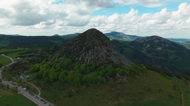 aerial shot around the Mont Gerbier de Jonc on an overcast day of spring, in Ardeche, Auvergne Rhone Alpes region, France