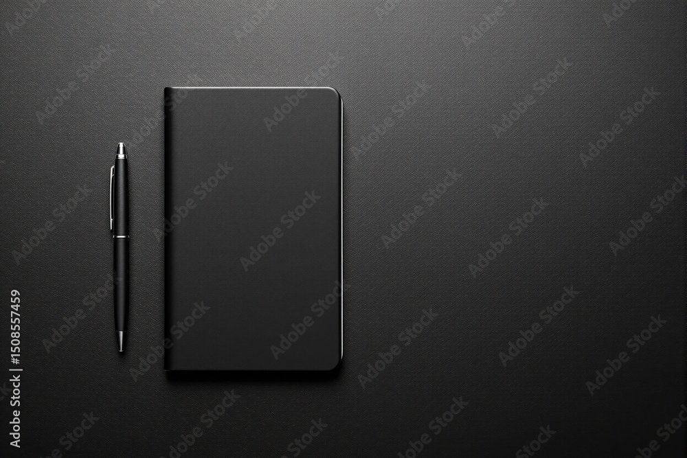 Poster black notebook and pen on textured dark background.