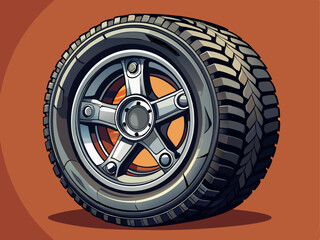 Obraz premium A high-quality vector of a single vehicle wheel, detailed tread and chrome rim, placed on a solid color
