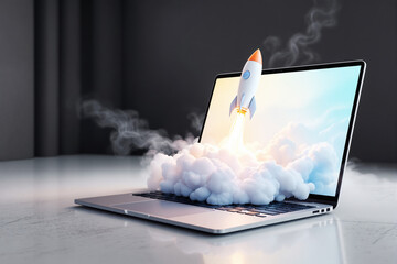 Fototapeta na wymiar Rocket launching from a laptop screen with smoke and light effects.