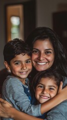 Portrait of mom and children at home-mom hugging hers two children in the living room of her house-single mother with her children-happy little family-Hispanic family