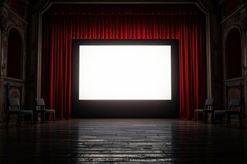 Blank movie screen in vintage theater with red curtains.