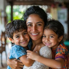 Portrait of mom and children at home-mom hugging hers two children in the living room of her house-single mother with her children-happy little family-Hispanic family