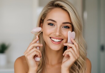 Smiling woman with Rose Quartz Roller and Gua Sha Tool for Skincare, Facial Massage and Beauty Treatment.