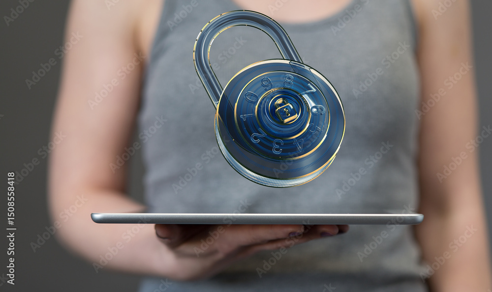 Poster Secure your data!  Image depicts a combination lock hovering above a tablet, symbolizing online safety and data protection.