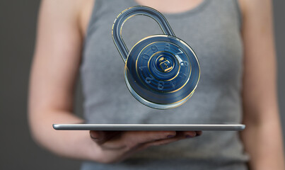 Secure your data!  Image depicts a combination lock hovering above a tablet, symbolizing online safety and data protection.