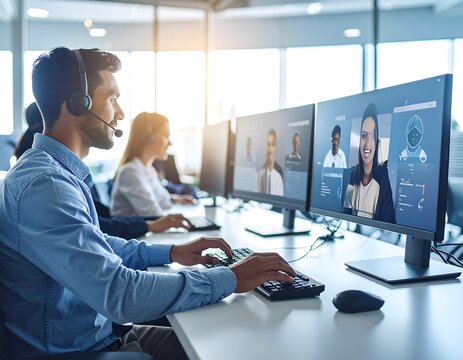 Office workers conduct video conference, using computers and headsets