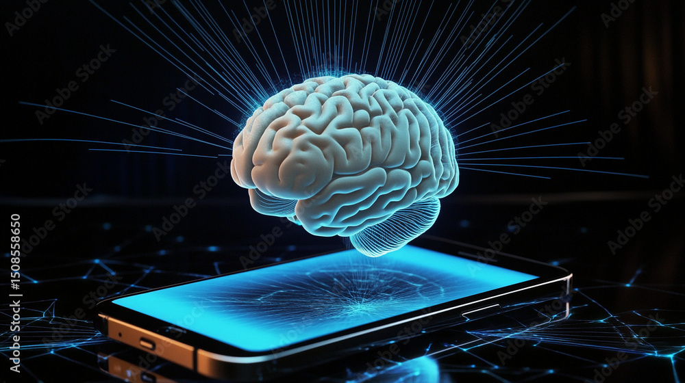Poster Sound waves emerging from a smartphone with brain animation Generative AI