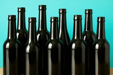 Symmetrical Arrangement of Dark Glass Bottles Against Aqua Backdrop Demonstrating Balance and Repetition for Artistic or Conceptual Purposes