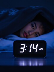 Woman under blanket staring wide awake at 3:14 AM, digital clock glowing in dark room, low light photography on insomnia and sleep disorder concept, Ai generative