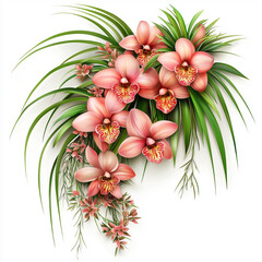 Fototapeta premium Elegant arrangement of peach orchids and vibrant green foliage, floral elegance, beauty