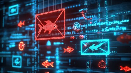 Email phishing attack illustration digital graphic cybersecurity concept virtual environment high-tech viewpoint