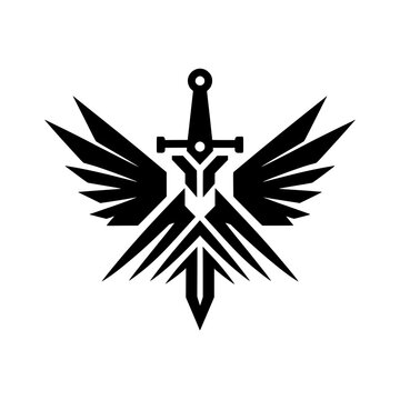 A black silhouette vector logo featuring a sword with stylized tribal wings, forming a bold and symbolic emblem.