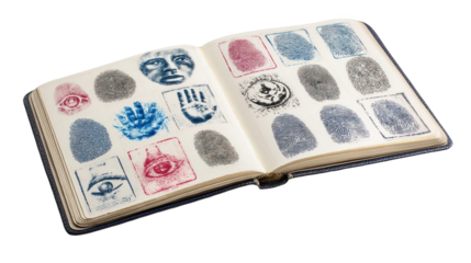 Open ledger displaying biometric icons like fingerprints, handprints, eye scans, and facial recognition against a transparent background, highlighting identity verification and security