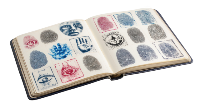Open ledger displaying biometric icons like fingerprints, handprints, eye scans, and facial recognition against a transparent background, highlighting identity verification and security