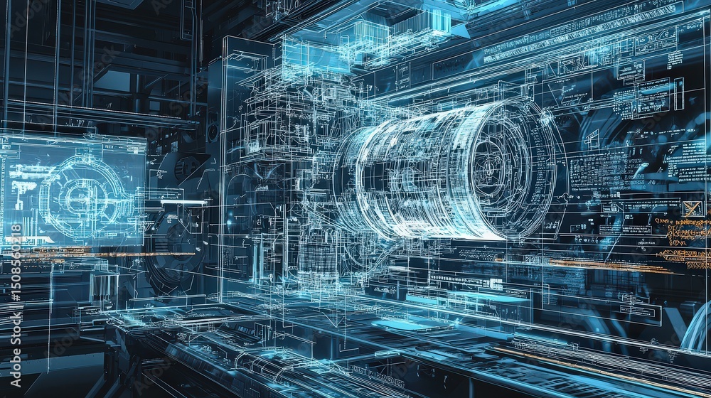 Poster dynamic industrial blueprint rendering virtual factory 3d visualization high-tech environment futuri
