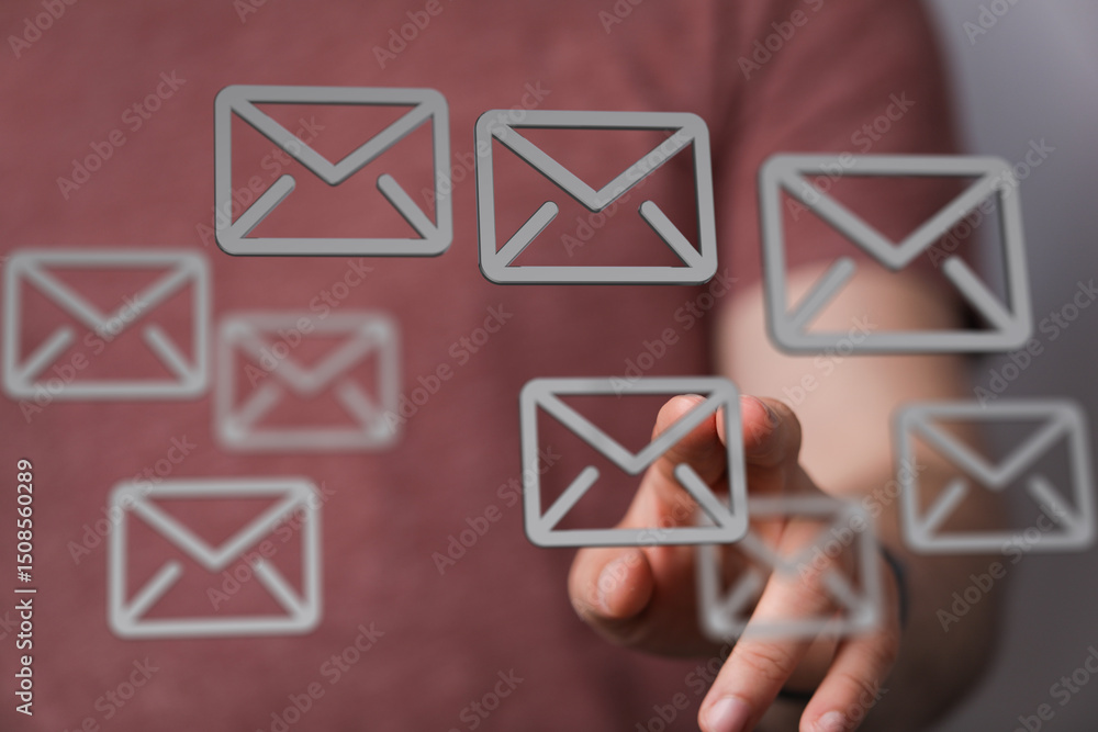 Poster close-up of a hand interacting with email icons, representing digital communication and email manage