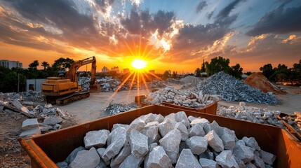 Excavator on demolition site sunset