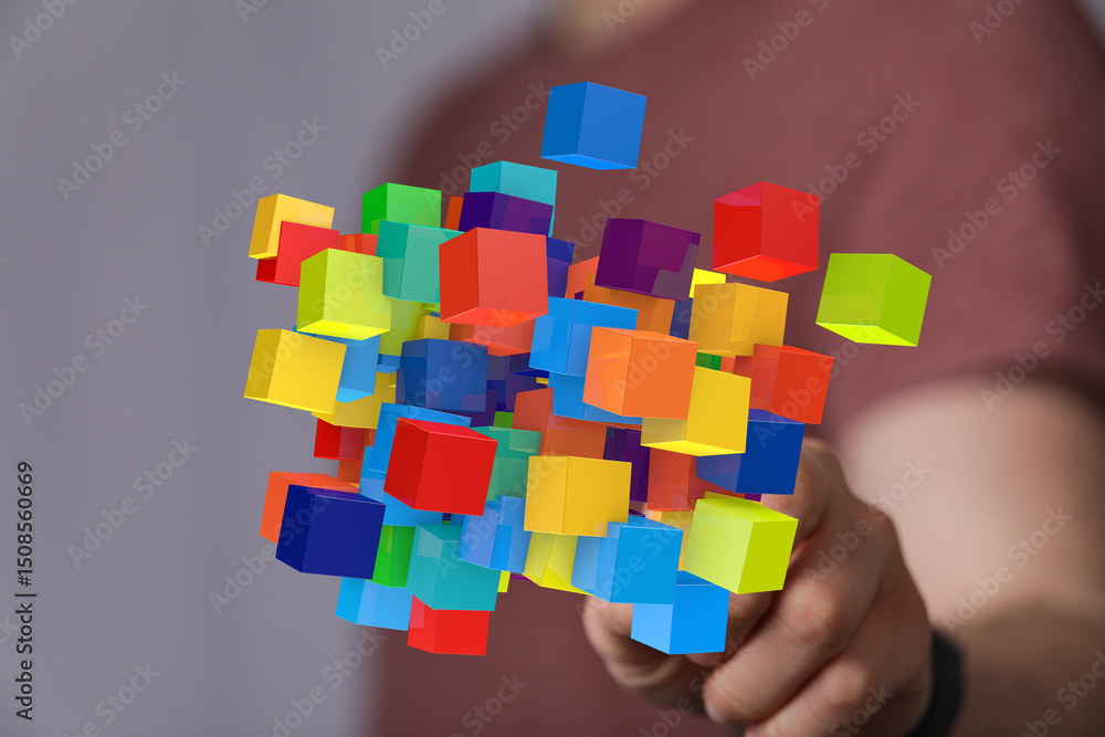 Poster Abstract image of colorful cubes floating, symbolizing data, innovation, or creativity.