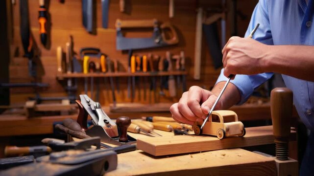 Craftsman shaping wooden toy car using chisel in woodworking workshop, traditional carpentry tools on workbench, handmade project, hobby activity, wood craft, detailed creation