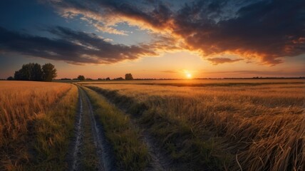 Fototapeta premium Sunset Over Golden Wheat Field Rural Landscape