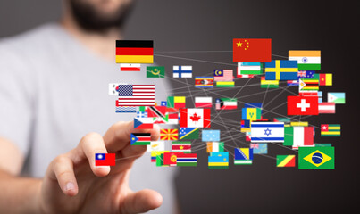 Image of interconnected world flags, symbolizing global communication and international relations.