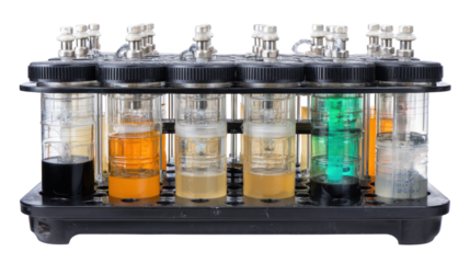 Different colored bioengineered plastic materials are digesting in test tubes inside a laboratory, showcasing innovative biodegradation research with a transparent background