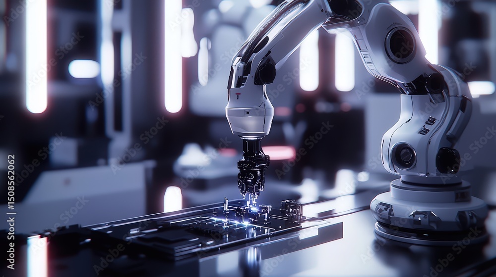 Poster futuristic robotic arm assembling microcomponents in high-tech factory environment industrial viewpo