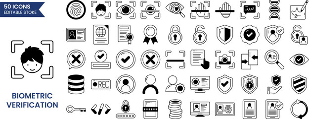 Biometric and Verification icon set in duotone style. Containing ID card, biometric, fingerprint check, person identification, signature, passport and more. Vector illustration