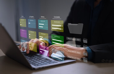 Agile software development or project management using kanban or scrum method boards, processes, workflows, visual organizers and framework technologies.