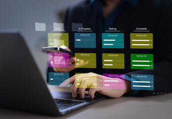 Agile software development or project management using kanban or scrum method boards, processes,...