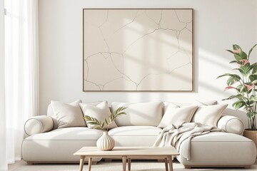 Modern minimalist living room with light cream sofa, abstract wall art, and green plant on bright soft background. Concept of cozy elegant interior. Ai generative