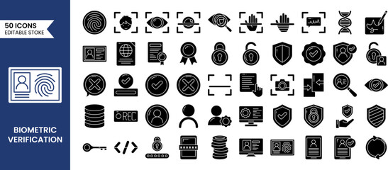 Biometric and Verification icon set in solid style. Containing ID card, biometric, fingerprint check, person identification, signature, passport and more. Vector illustration