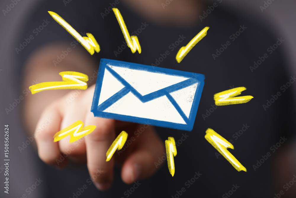 Poster image of a hand interacting with a digital email icon, symbolizing new messages or email marketing.