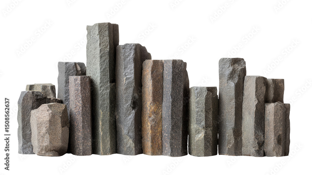 Poster arrangement of basalt columns standing on a transparent background. creating a striking visual with 