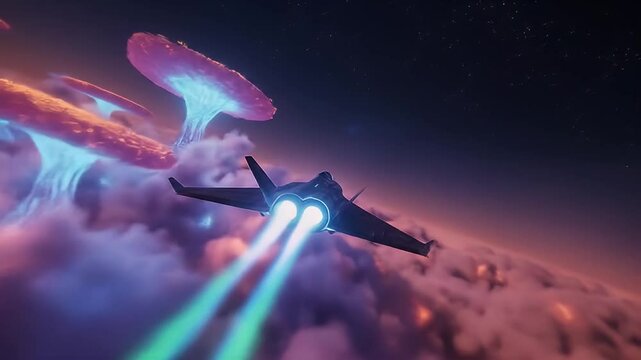 Futuristic jet soaring through glowing mushroom clouds in night sky