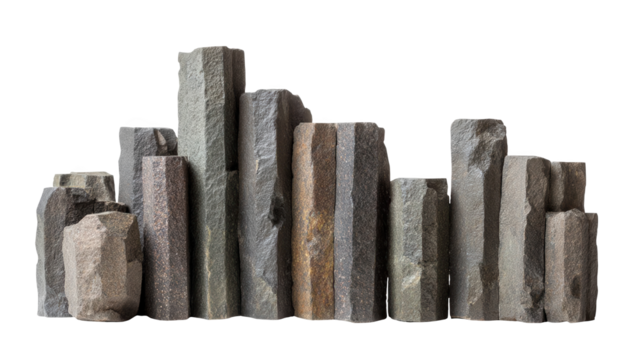 Arrangement of basalt columns standing on a transparent background. Creating a striking visual with their varying heights and textures. Suitable for architectural visualization or design projects