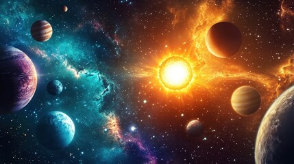 Fototapeta premium A breathtaking view of the universe showing colorful planets and a bright sun in a cosmic space. Discover the wonders beyond Earth.