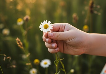 Child's Hand Holding Daisy Flower in Meadow, Nature and Childhood, Close-up, Outdoor.