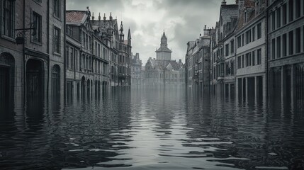 Fototapeta premium Flooded streets of a hauntingly beautiful city architecture urban landscape serene atmosphere dramatic viewpoint