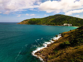 Aerial view landscape sea beach in raining season at Phuket island Thailand.