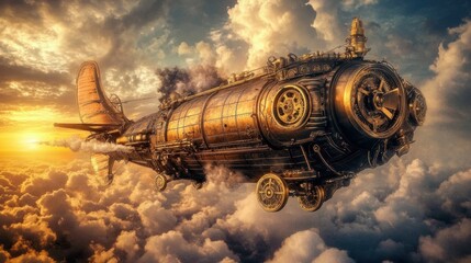 Steampunk Airship Soaring Through Golden Clouds
