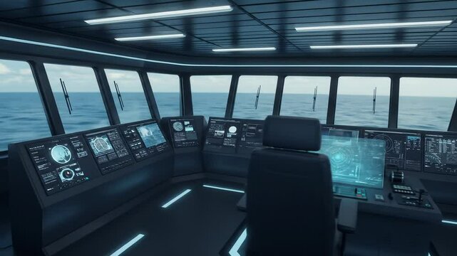 Futuristic ship bridge command center modern control room high tech technology background