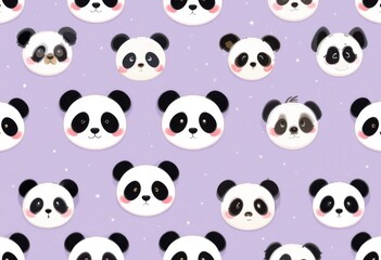 Naklejka premium Lindas caras de panda dispuestas en un patr√≥n sin costuras sobre un suave fondo lavanda