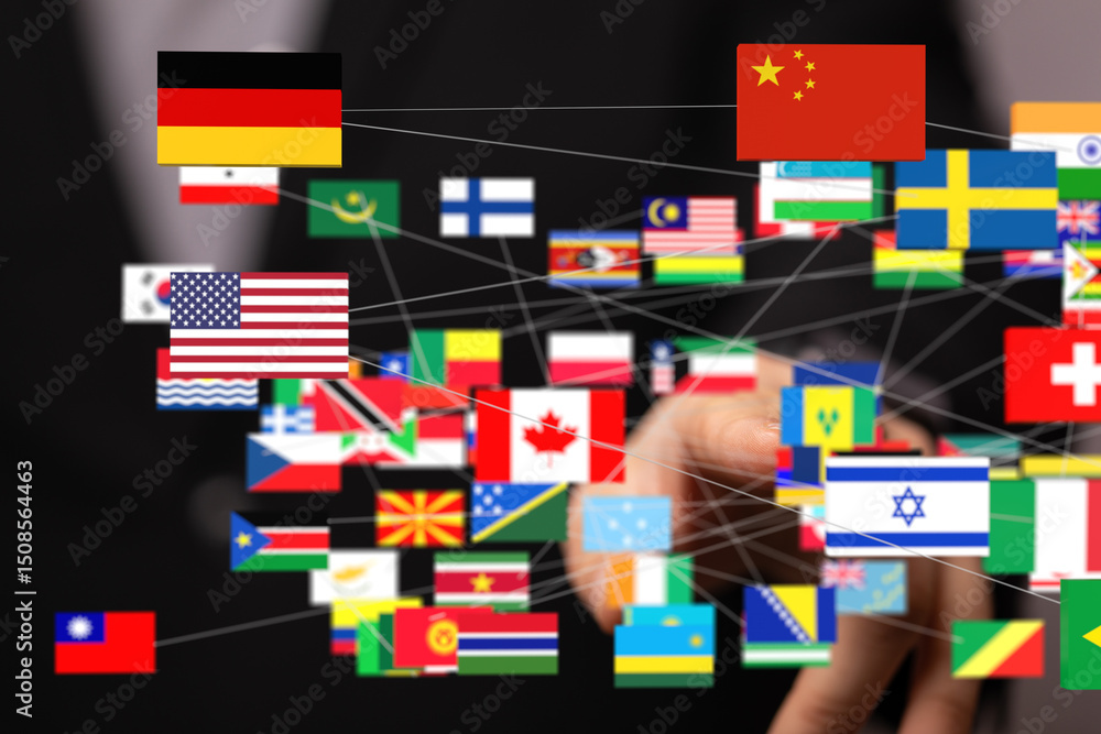 Poster image depicting interconnected flags representing global relationships and collaboration.