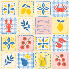 Mediterranean tile seamless pattern. Mosaic print with hand drawn lemon, cocktail, lobster, tomatoes, sardine, crab, shrimp. Italian summer vacation patchwork. Vector illustration.
